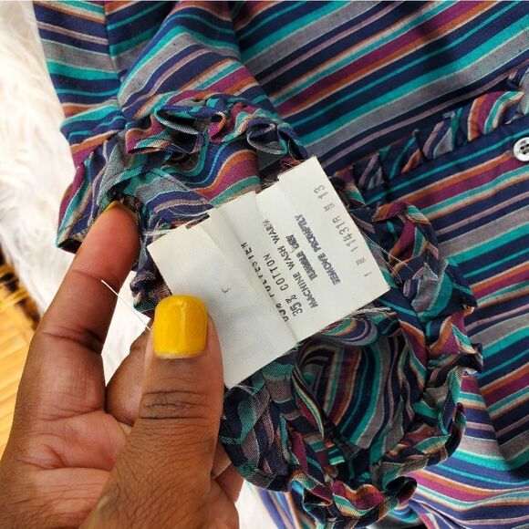 Vtg Ruffle Detail TRY 1 Striped Multicolored Secretary Style Shirt. Sz S Fit - Picture 6 of 12